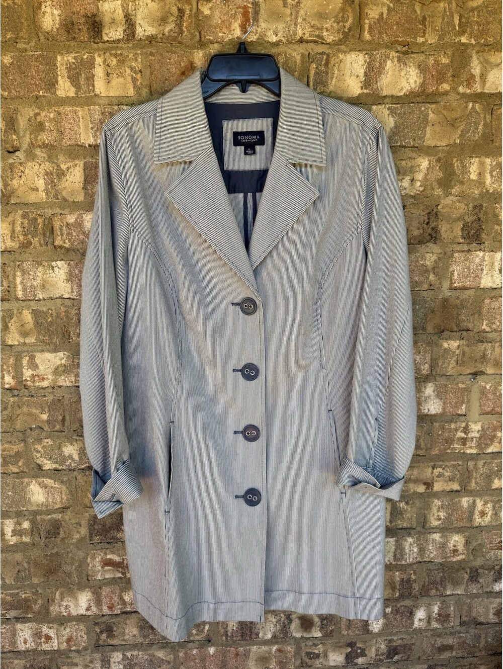 Sonoma Life+ Style Long Button Up Jacket Blazer Blue Striped Size Women’s Large